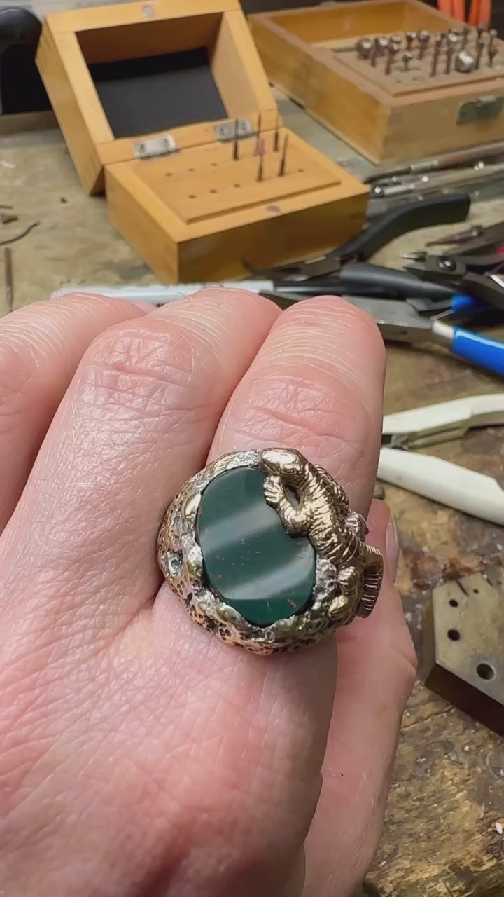 Vintage Carl Schon 14K & Sterling Silver Bloodstone Lizard Reptile Ring