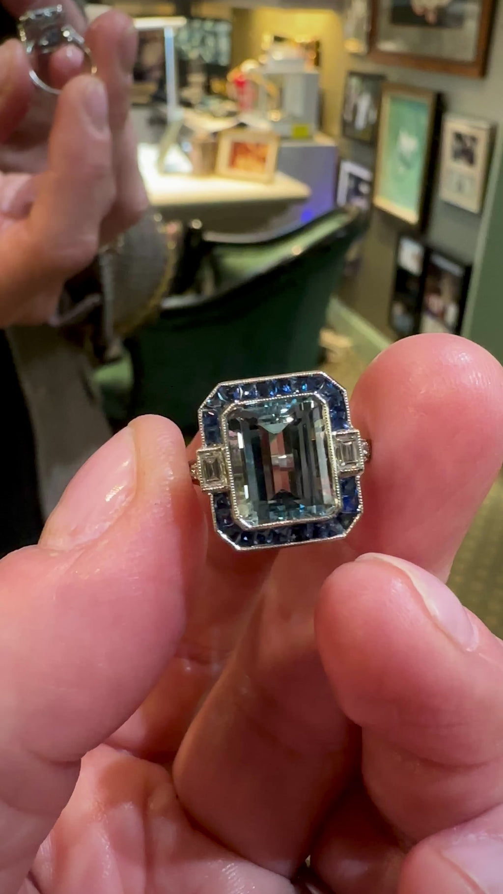 3.35ct Art Deco Style Aquamarine, Sapphire & Diamond Ring