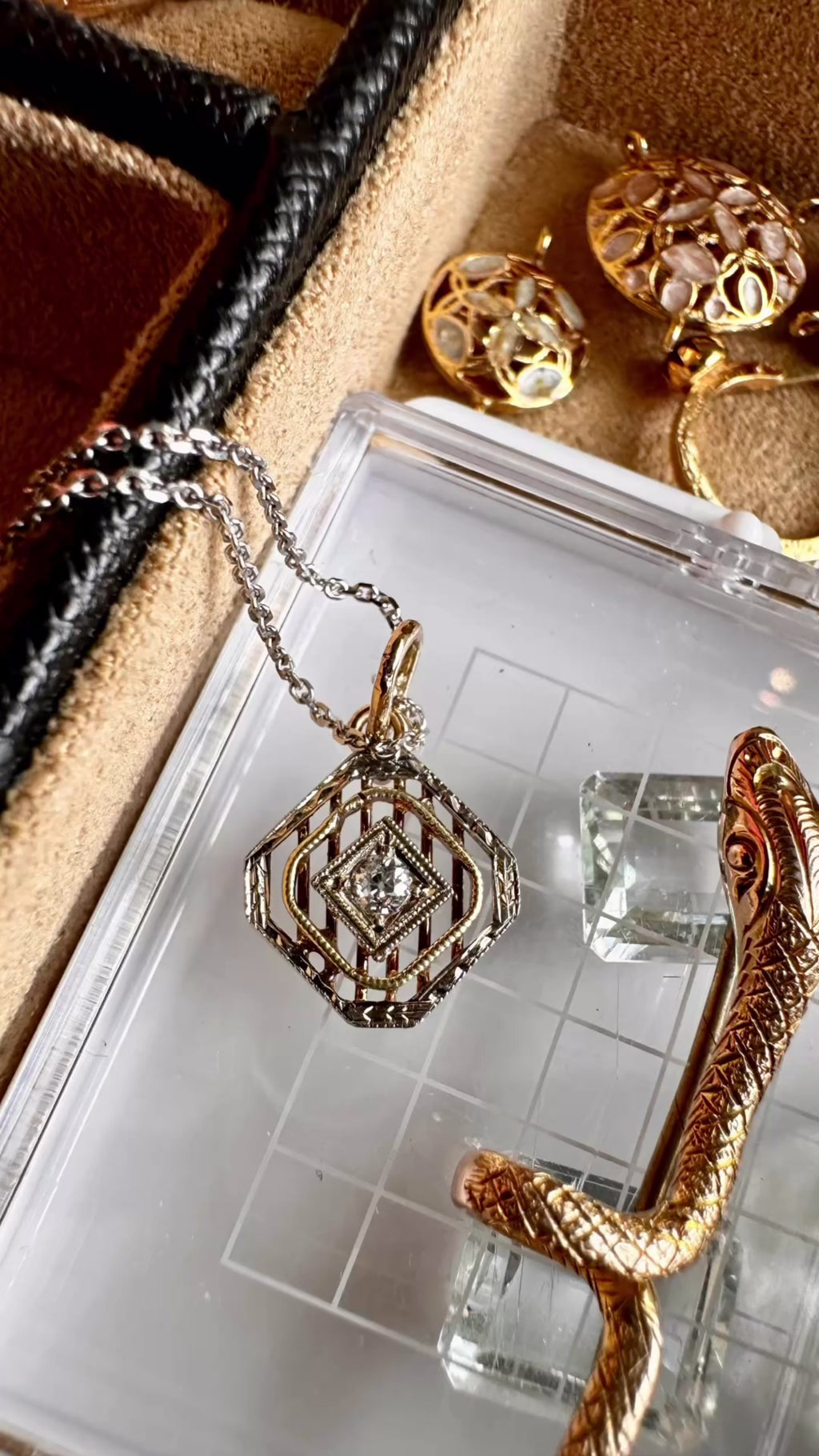 Antique 14K Art Deco Diamond Pendant with Old Mine Cut Diamond OMC