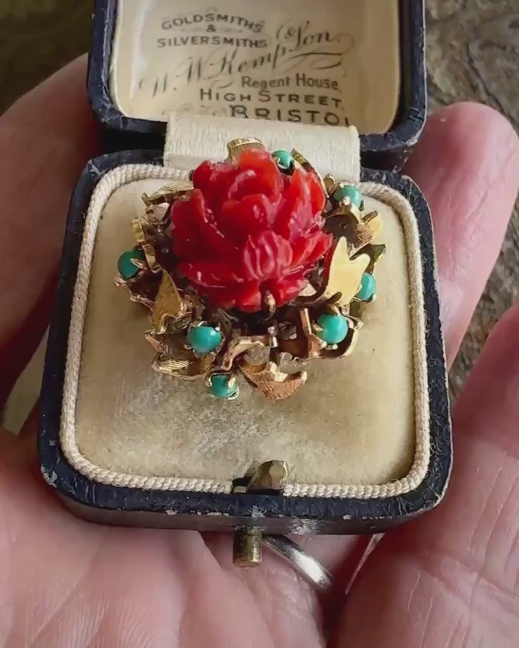 Antique 14K Carved Red Stone & Turquoise Floral Cluster Cocktail Ring