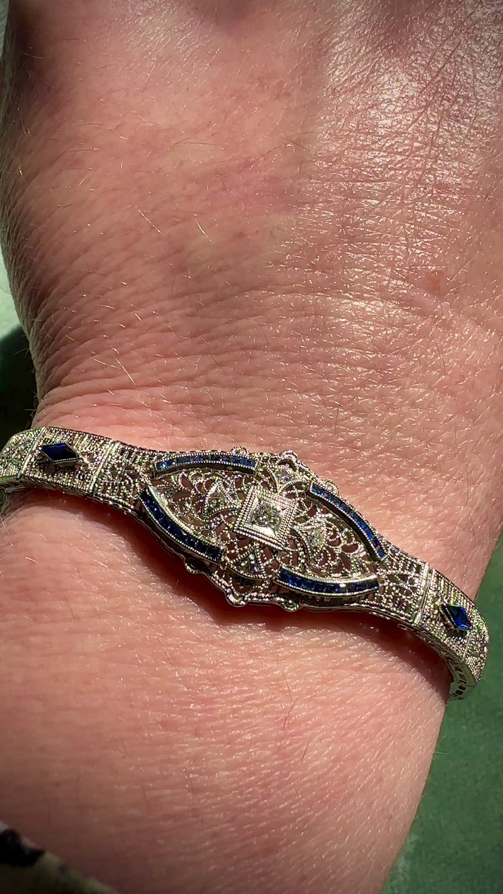 Platinum Filigree Diamond & Sapphire Bracelet With Old European Cut Diamonds