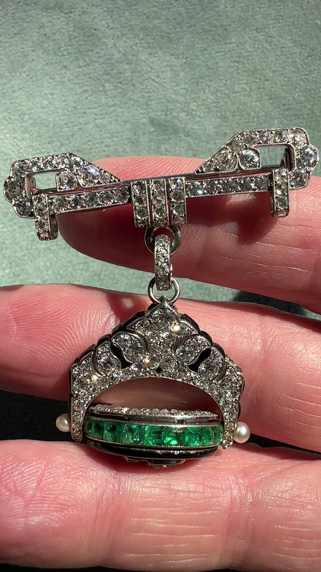 Antique Art Deco Diamond Lapel Watch With Emeralds, Onyx, Pearls, and Enamel