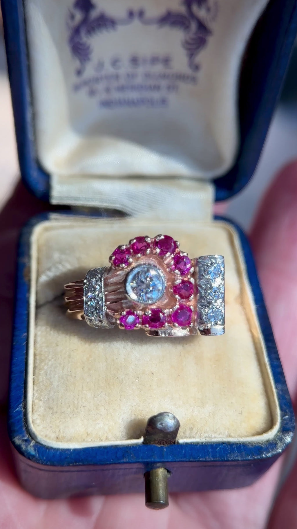 Vintage 14K Old European Cut Diamond & Ruby Cocktail Ring