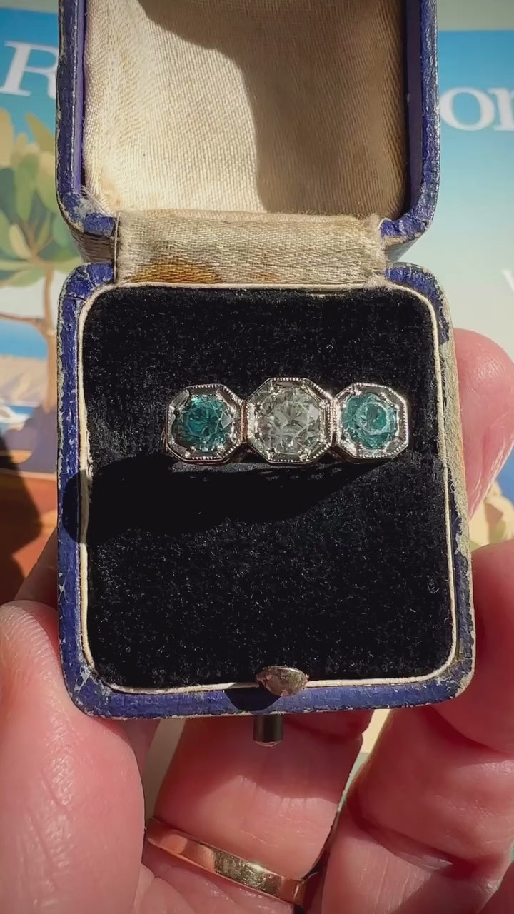 Vintage 14K White Gold Filigree Ring With Synthetic Blue & White Stones