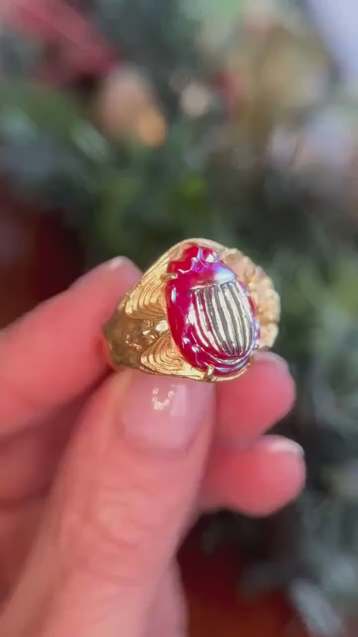14K Iridescent Favrile Glass Scarab Ring, Scarab Made by Tiffany Studios
