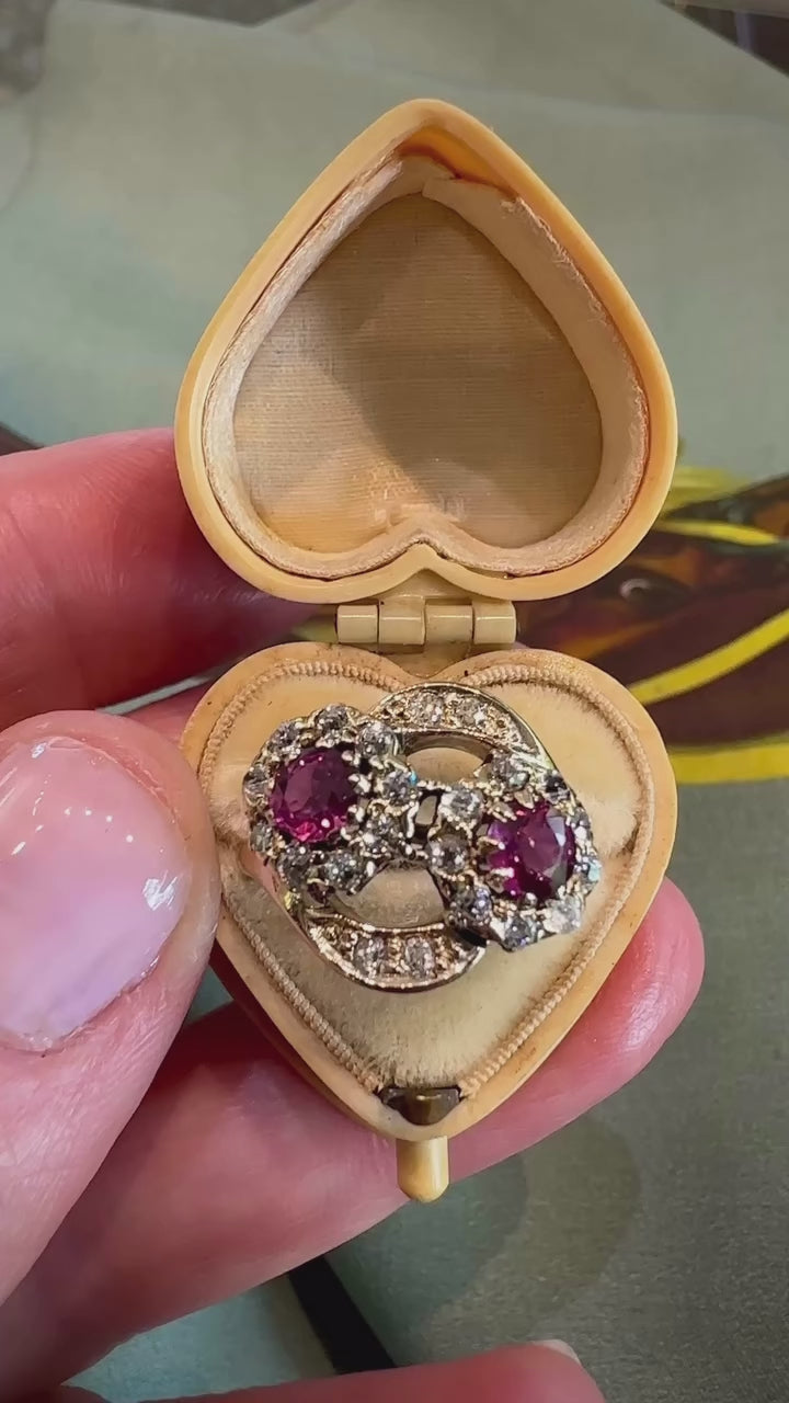 Antique 14K Natural Ruby & Old Mine Cut Diamond Ring