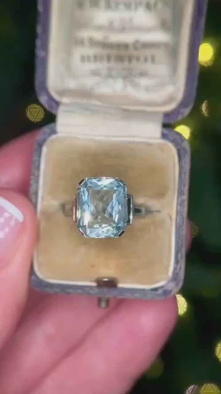 Antique Art Deco Natural Aquamarine Ring 10K Emerald Cut